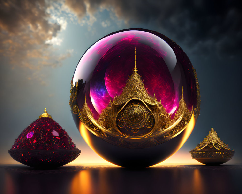 Reflective sphere with golden designs against dramatic sky