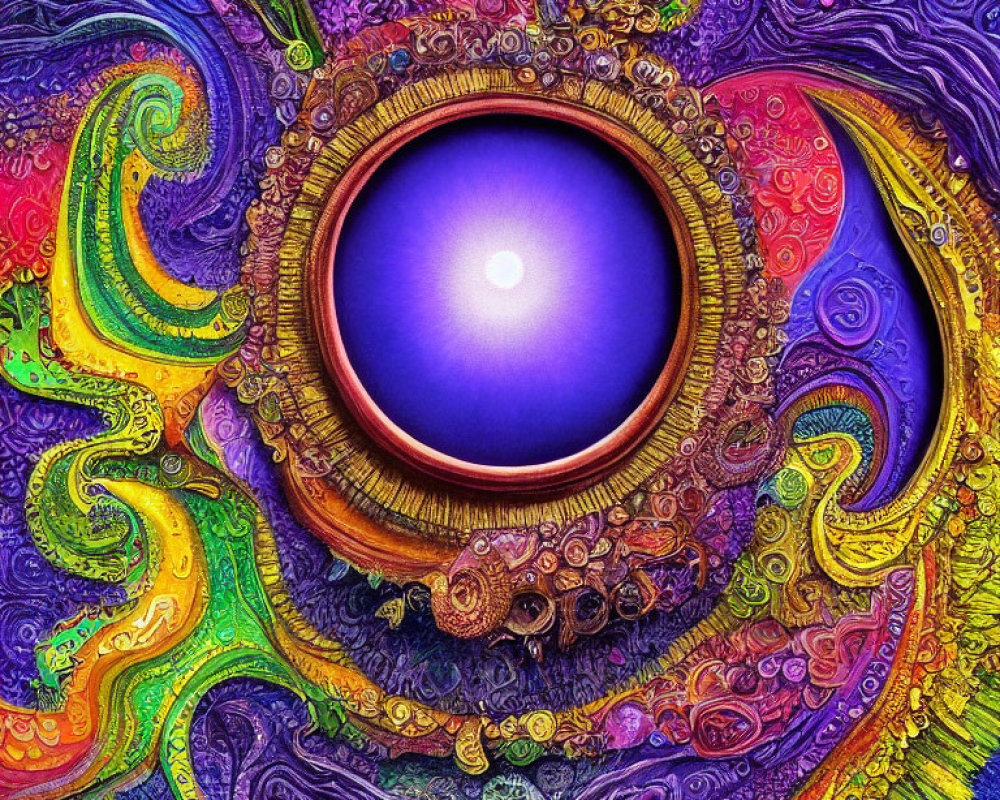 Colorful Abstract Art: Purple Orb Surrounded by Psychedelic Patterns