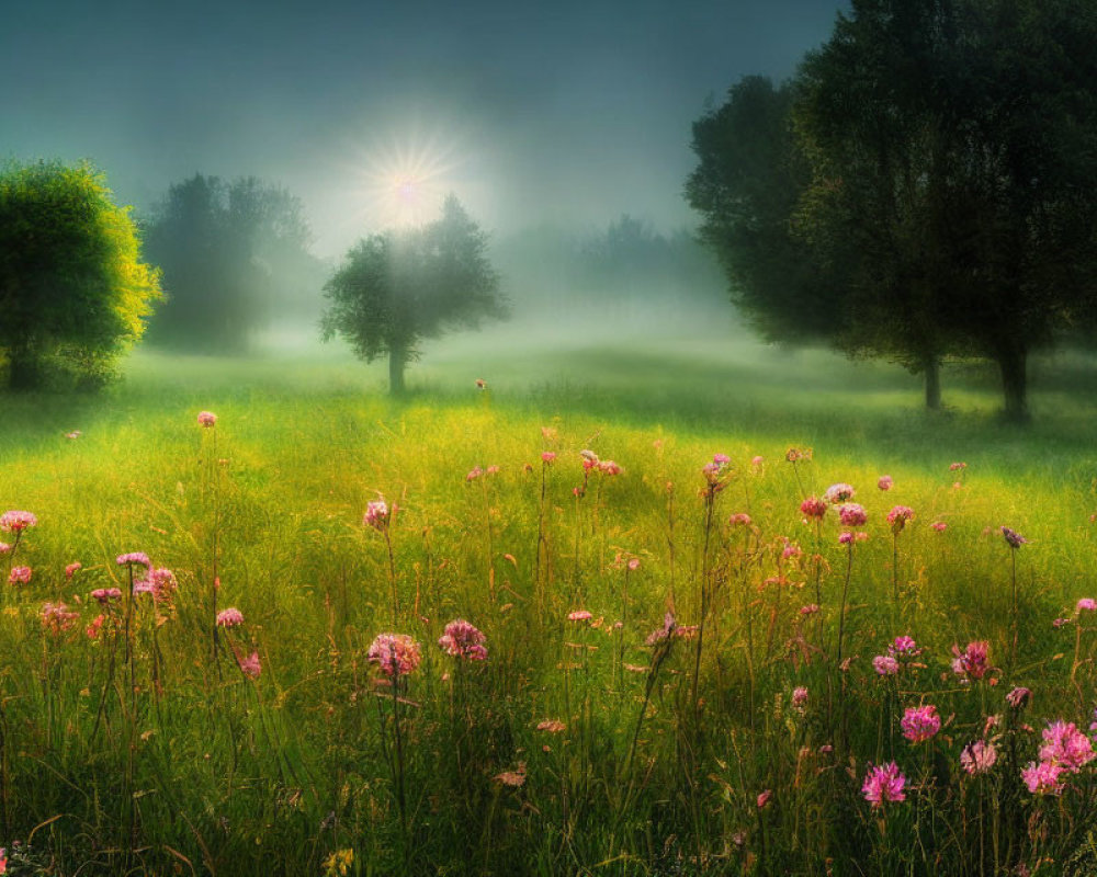 Misty Sunrise Meadow with Pink Flowers and Sunlight Rays