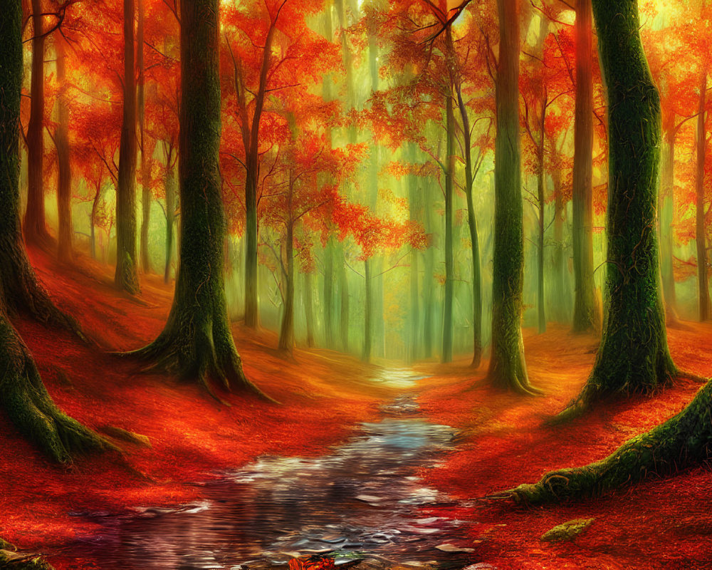 Tranquil autumn forest with red leaves, tall trees, and stream