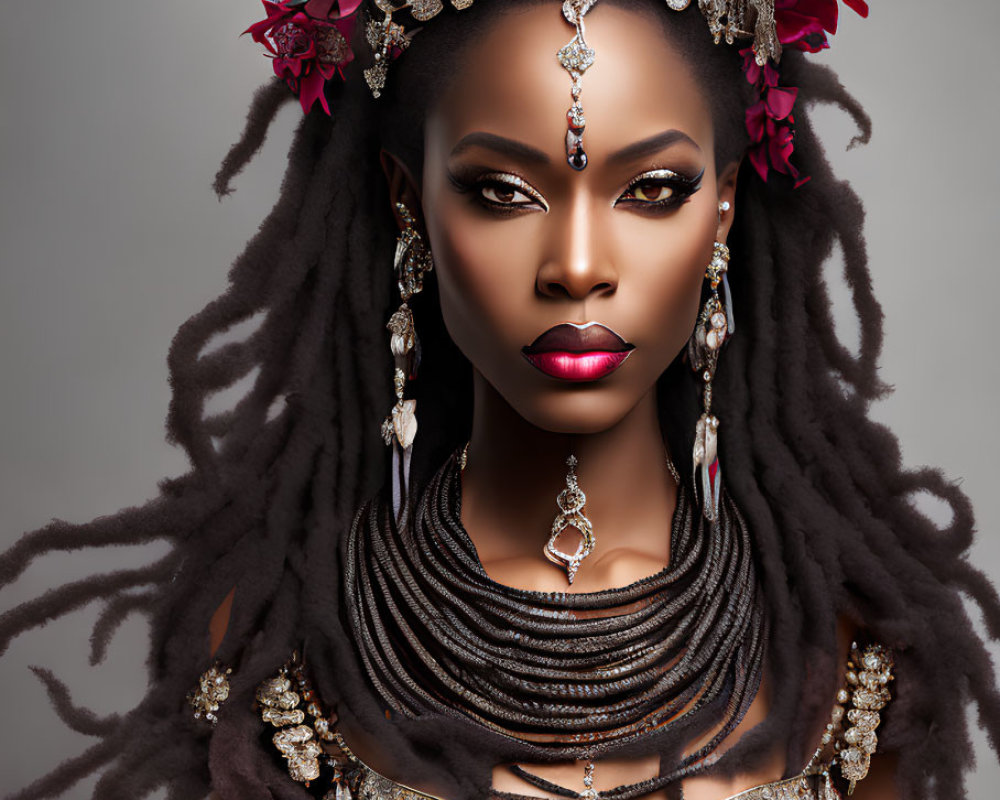 Woman with Striking Makeup and Elaborate Headdress with Red Flowers and Feathers