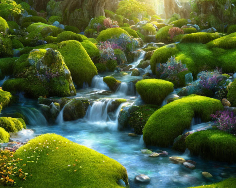 Forest scene with moss-covered rocks, babbling brook, and wildflowers