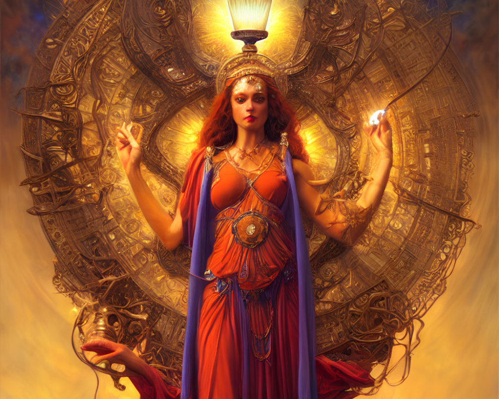 Mystical woman with fiery red hair holding orb and skull in ornate red and blue garments among