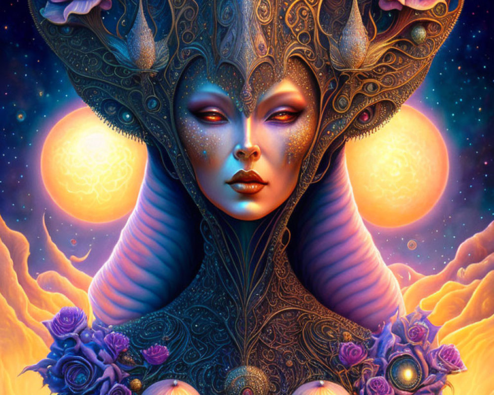 Detailed artwork of female figure with headdress, purple roses, and celestial orbs on warm backdrop