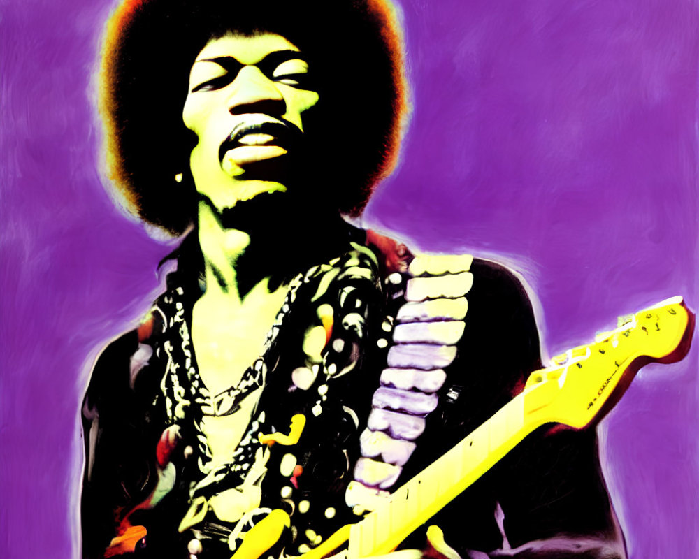 Vibrant portrait of person with afro playing guitar on purple backdrop