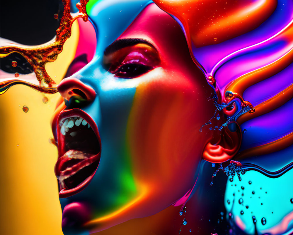 Colorful Liquid Art: Abstract Woman's Face Profile in Dynamic Composition