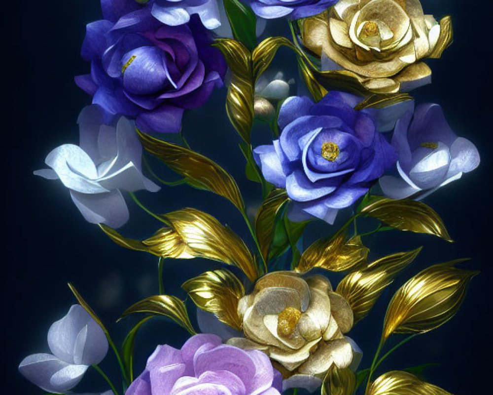 Stylized blue, purple, and gold flowers on dark background