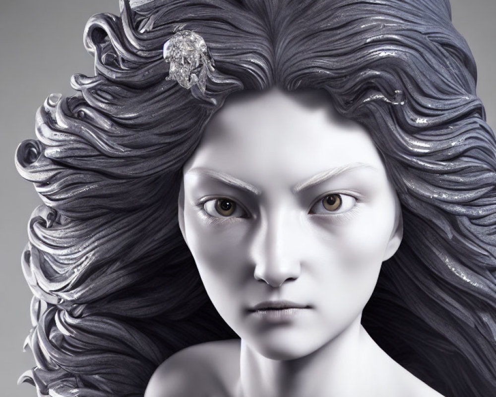 Pale-skinned woman with yellow eyes and silver hair in 3D rendering