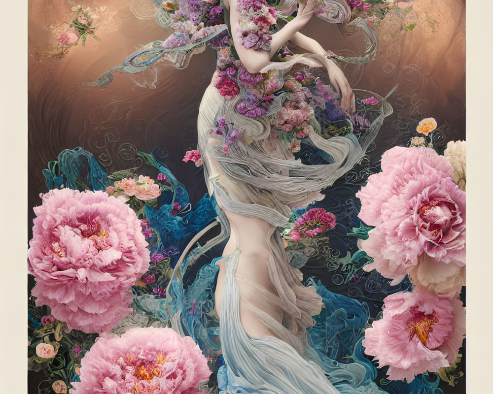 Stylized image of woman in flowing drapery with oversized peony flowers