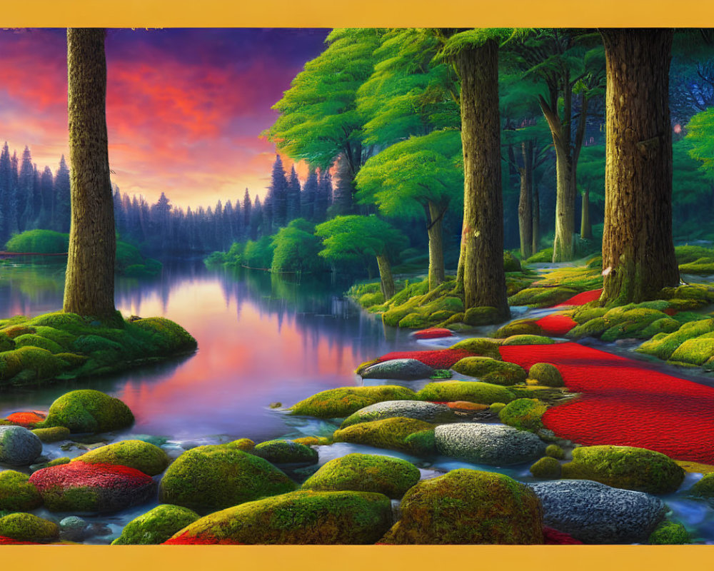 Tranquil forest river with red foliage and moss-covered rocks