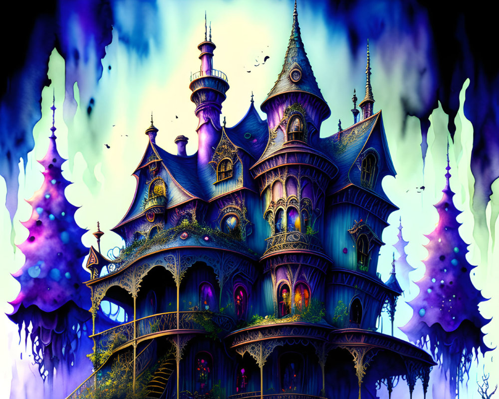 Whimsical violet castle in colorful forest scenery