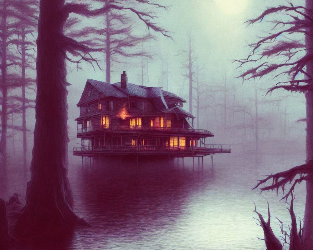 Victorian-style house on stilts over tranquil lake under full moon