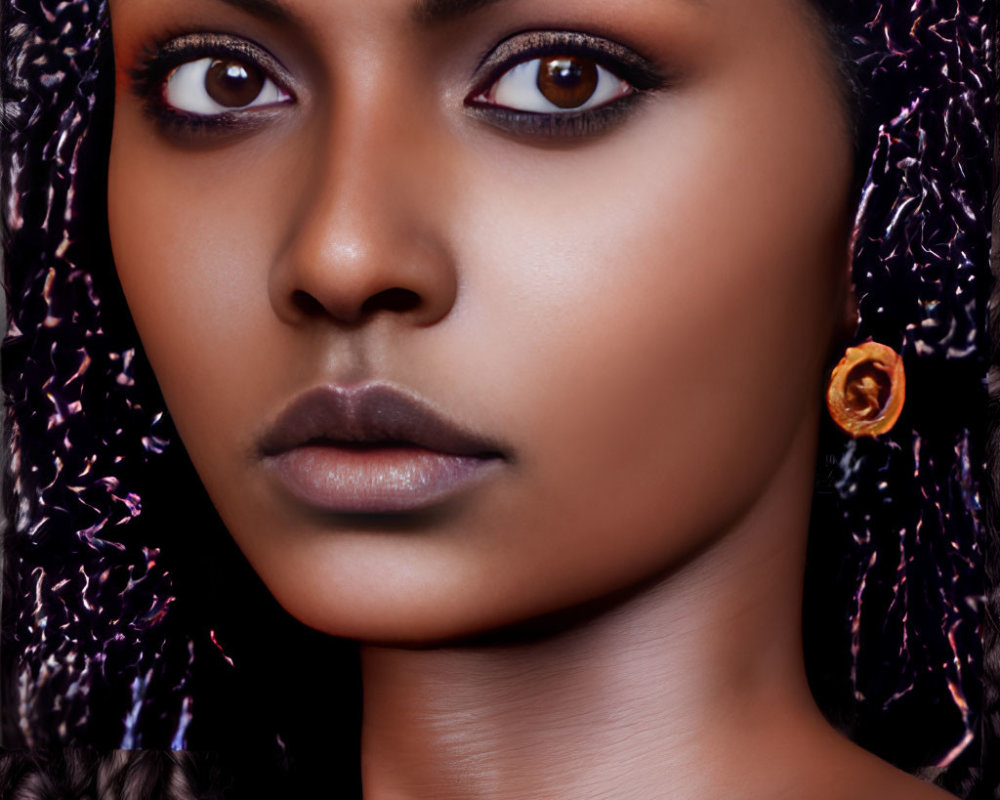 Close-Up Portrait of Woman with Dark Curly Hair and Striking Brown Eyes