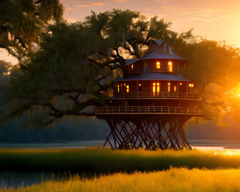 Treehouse on Stilts Among Trees at Sunset with Wetlands