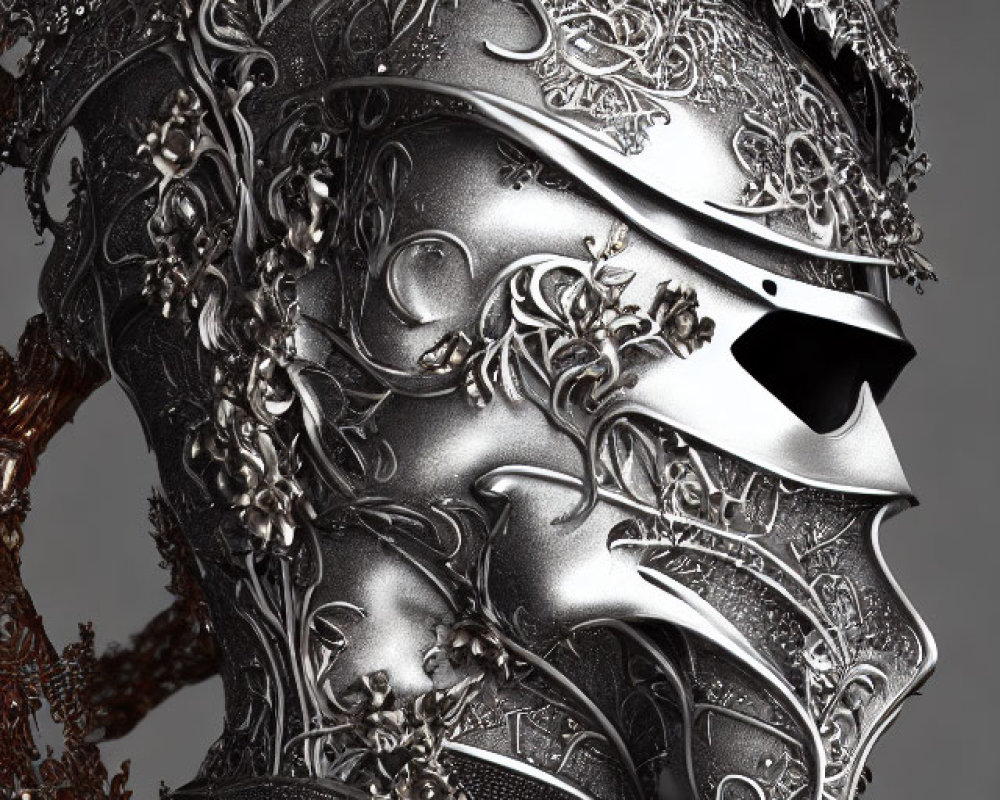 Detailed Metallic Knight's Helmet with Floral Motifs and Bronze Branches