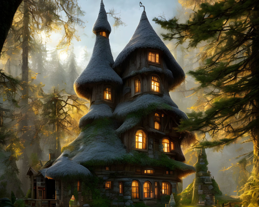 Enchanted forest fairytale cottage with moss-covered stone walls and thatched roofs.