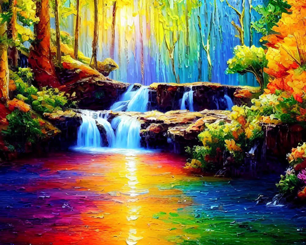 Colorful forest waterfall painting with sunlight reflections