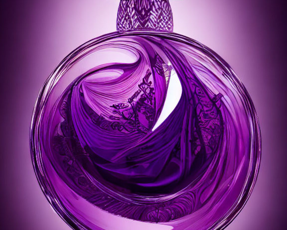 Purple Swirled Design Perfume Bottle with Faceted Cap on Reflective Surface