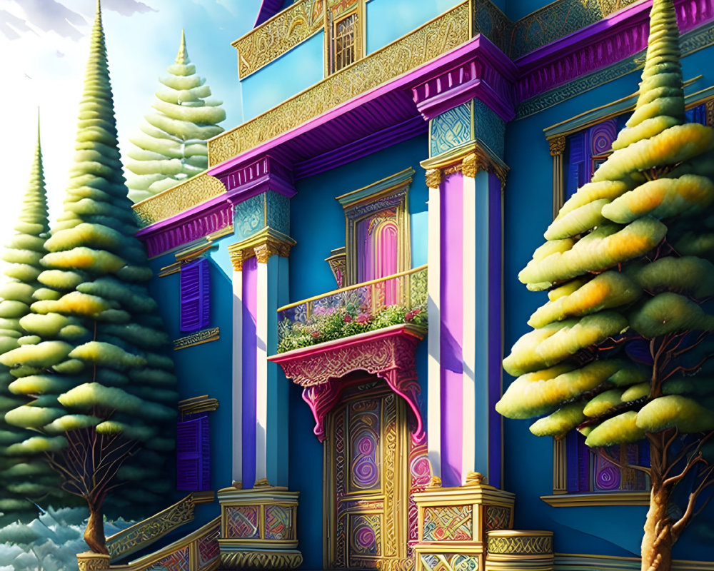 Fantastical building illustration with golden patterns and lush green surroundings