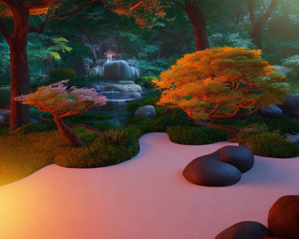 Tranquil Zen Garden with Maple Trees and Waterfall