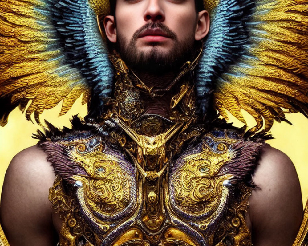 Golden and Blue Feathered Costume with Elaborate Bird-Inspired Details