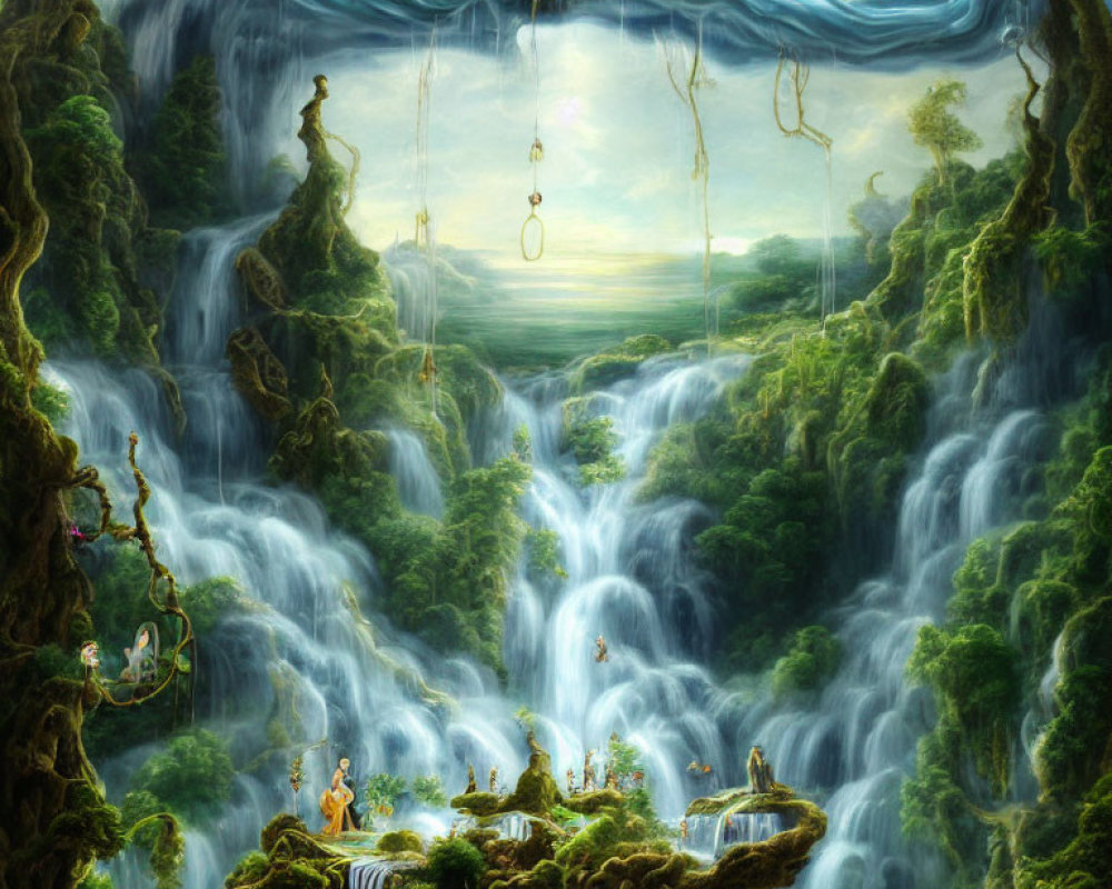 Fantastical landscape with lush greenery and waterfalls featuring ethereal beings