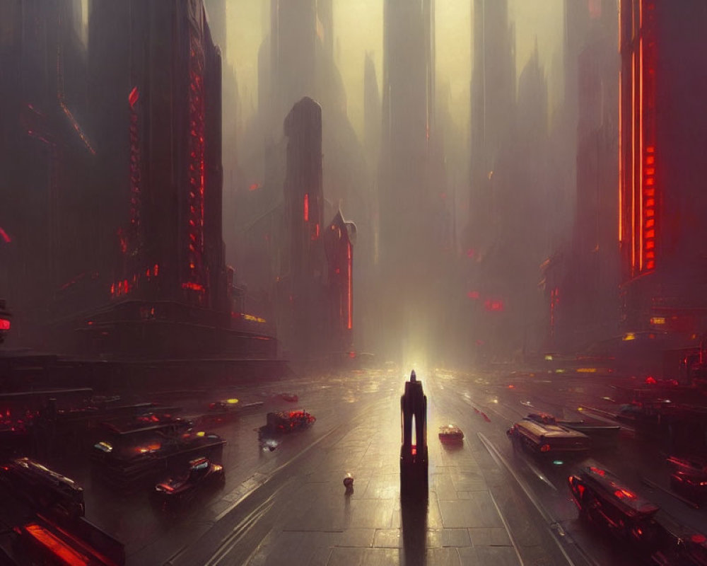 Solitary figure in futuristic cityscape with neon lights and skyscrapers