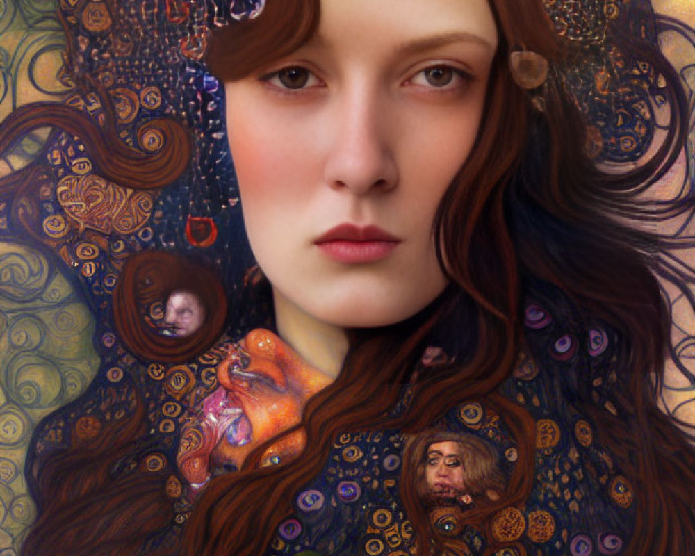 Detailed portrait of woman with cosmic-themed patterns and celestial bodies in hair