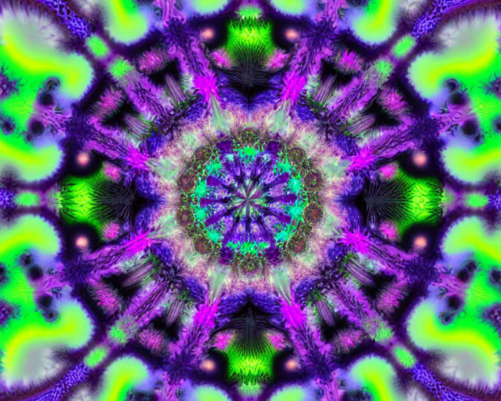 Symmetrical neon fractal image with vibrant colors in kaleidoscopic pattern