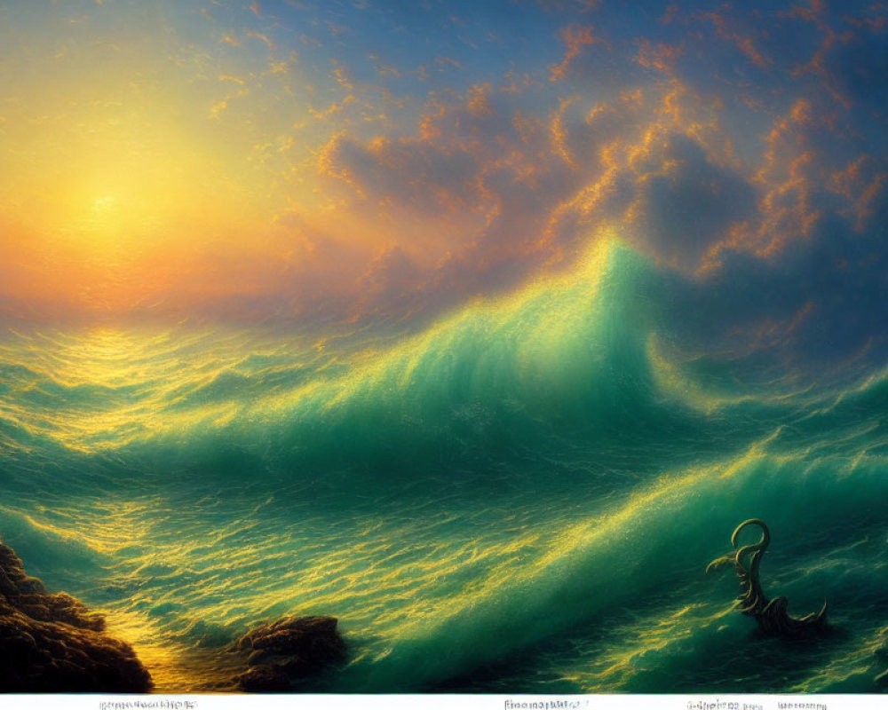 Colorful artwork: Emerald wave under sunset sky with anchor symbol.