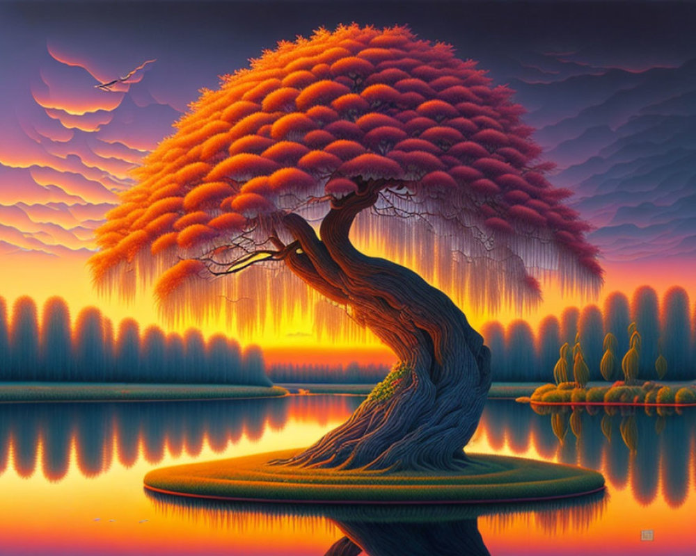 Colorful painting of twisted tree with fiery-orange foliage on island, reflecting in tranquil water against surreal landscape