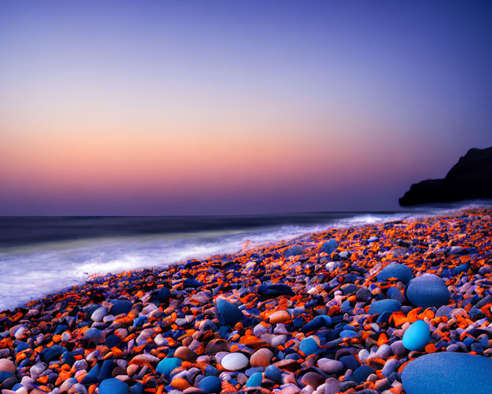 Twilight pebble beach scene with smooth sea and gradient sky.