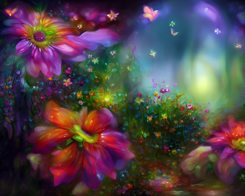 Colorful digital painting of mystical garden with oversized flowers and butterflies in dreamy background