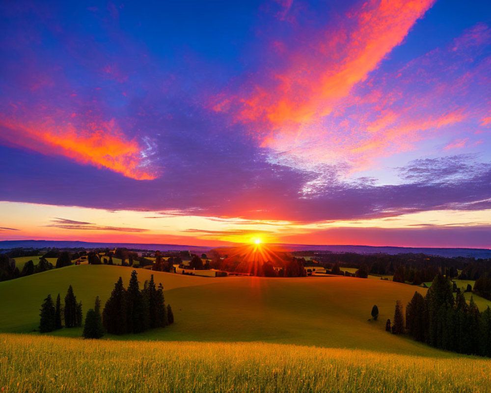 Scenic sunset over green hills with scattered trees under orange and blue sky