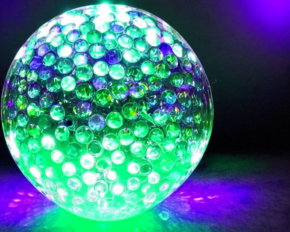 Shimmering green and purple sphere with reflective beads