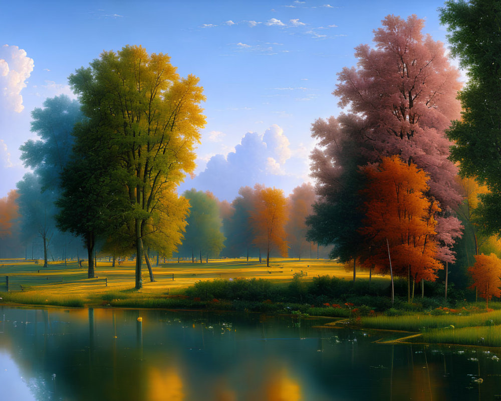 Tranquil autumn scene: golden and orange trees mirrored in serene lake under clear blue sky