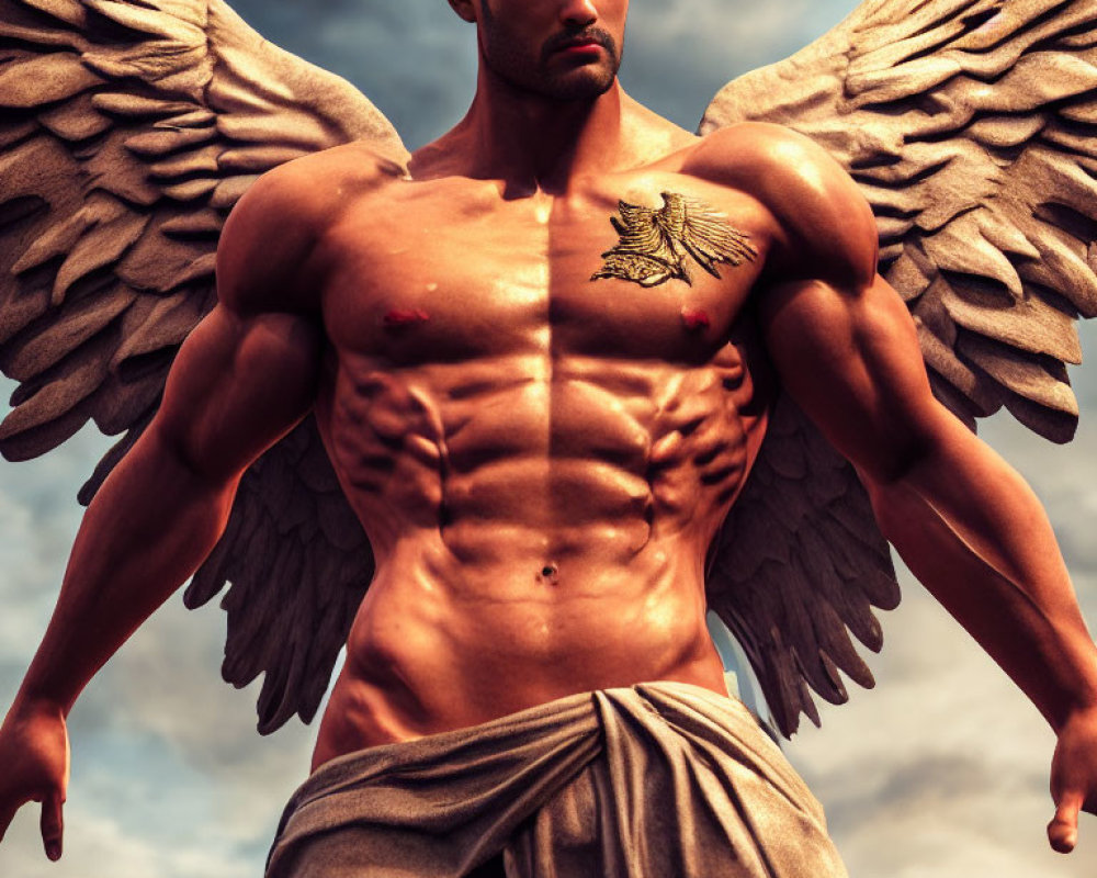 Muscular Figure with Angelic Wings and Chest Tattoo under Cloudy Sky