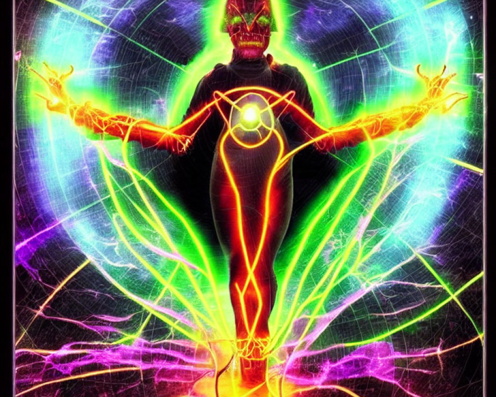 Colorful digital art: humanoid figure with glowing chakra points in luminous, psychedelic aura.