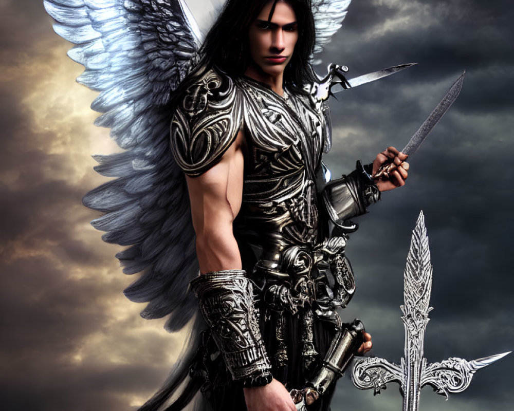 Imposing figure with white wings and sword against dramatic sky