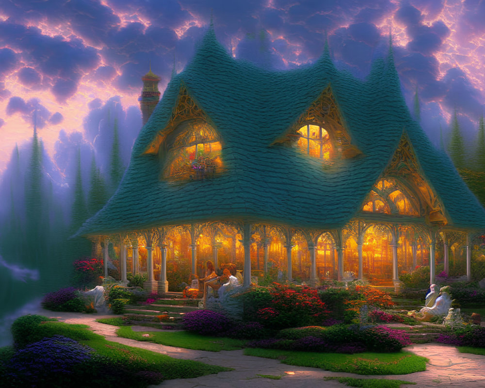 Enchanting forest cottage under twilight sky