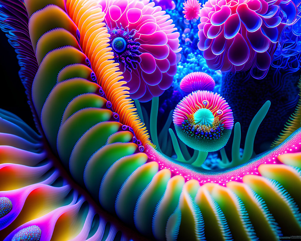 Colorful Digital Art: Neon Sea Anemones and Coral in Underwater Scene