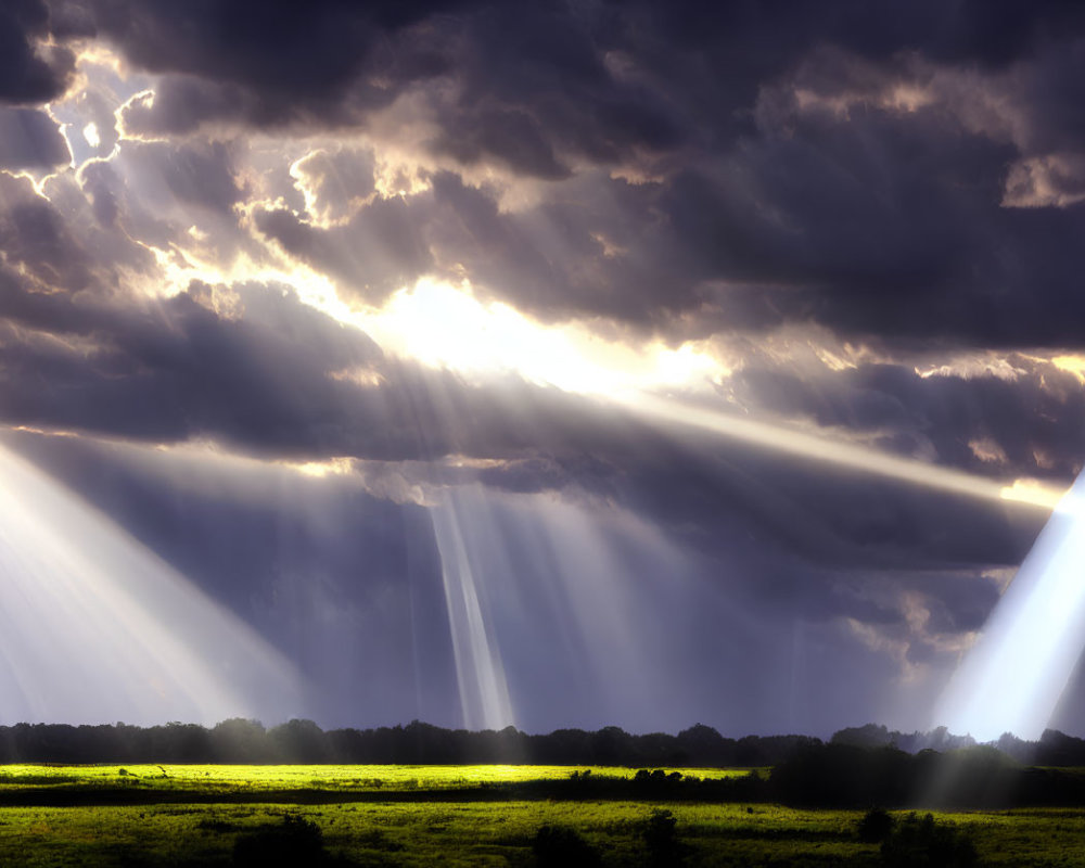 Dramatic sunbeams on lush green field under striking clouds