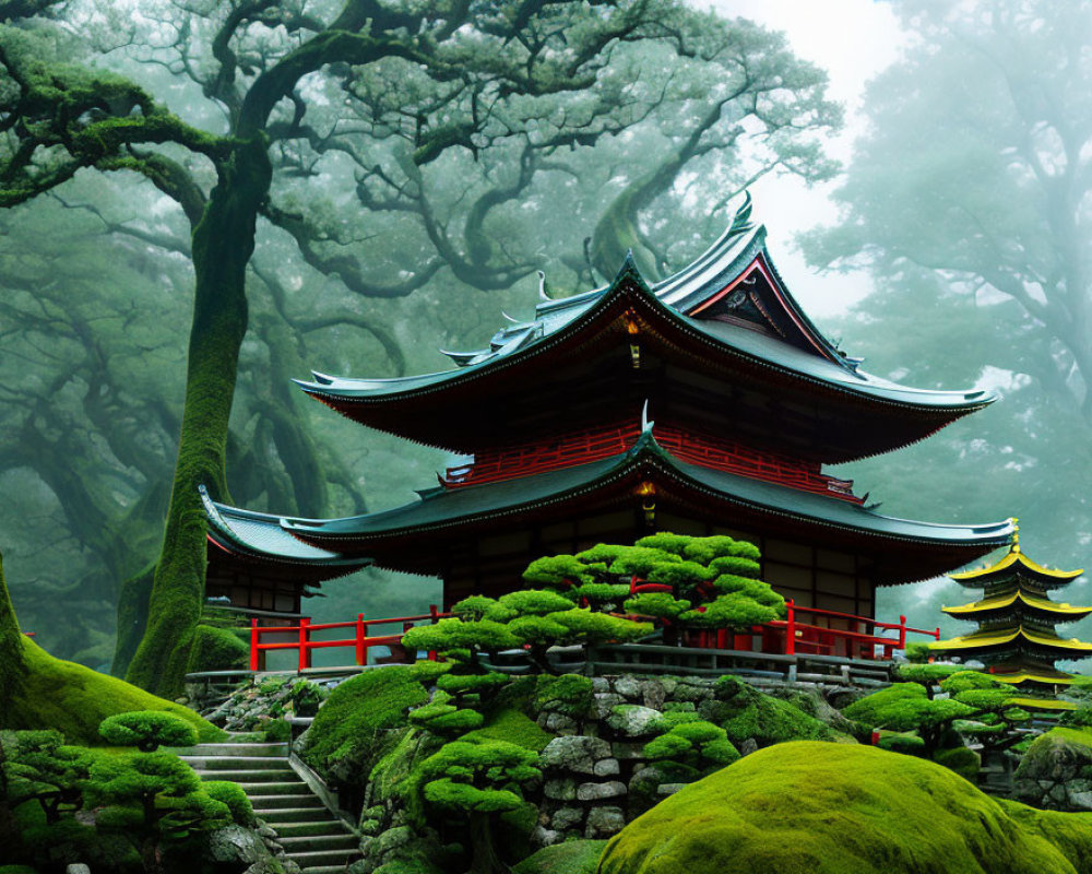 Traditional Japanese Pagoda in Moss-Covered Forest