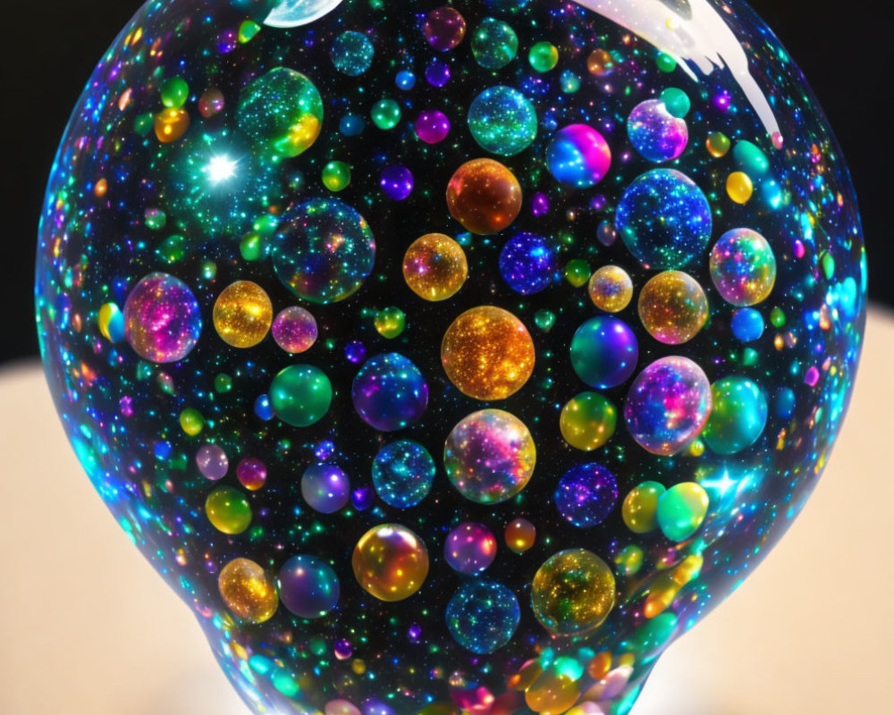 Multicolored bubble glass paperweight resembling cosmic galaxy