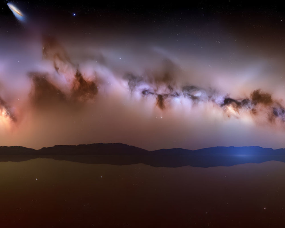 Starry Night Sky with Glowing Comet Over Silhouetted Mountains