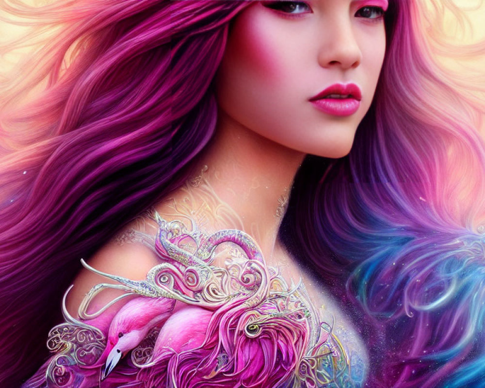 Colorful illustration: woman with pink and purple hair and ornamental bird design