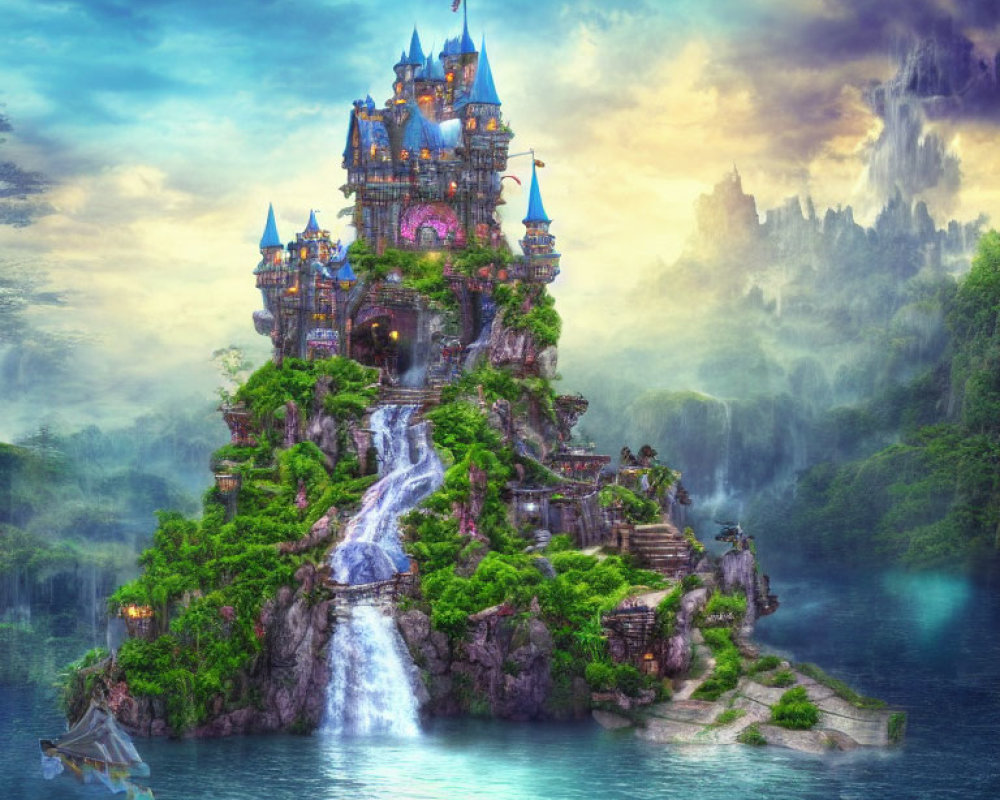 Fantastical castle on lush island with waterfalls in misty lake twilight scenery