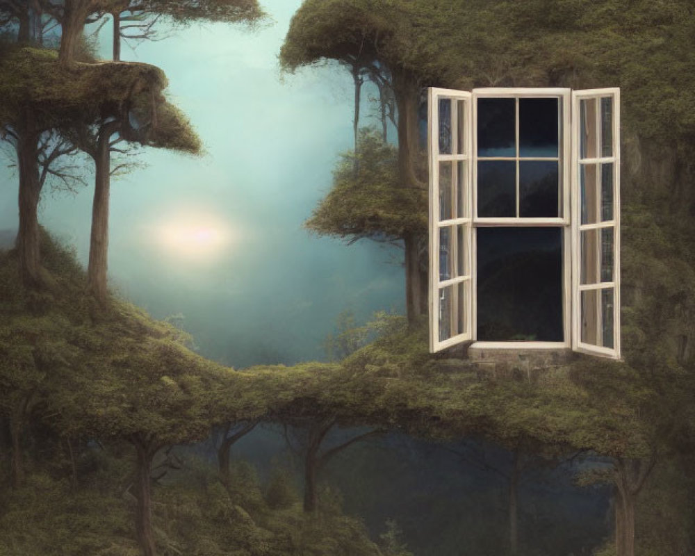 Surreal window among twisted trees in misty forest