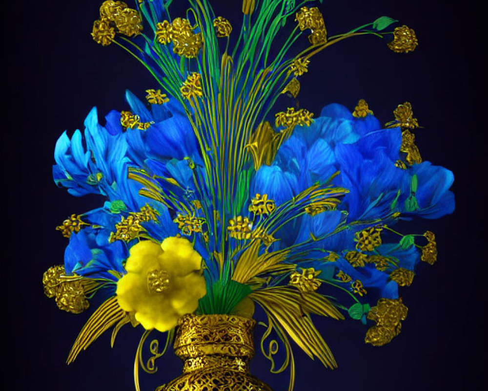 Gold vase with blue and yellow flowers on dark background - Detailed floral patterns