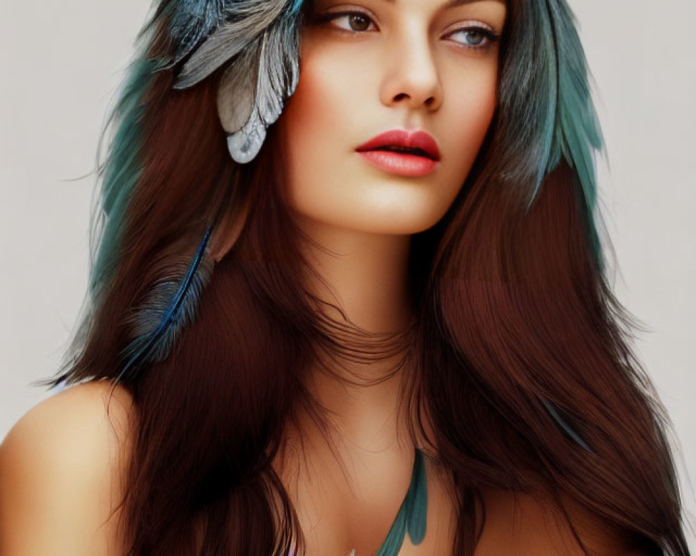 Portrait of Woman with Long Brown Hair and Teal Feathers, Red Lips, Pink Feather Boa